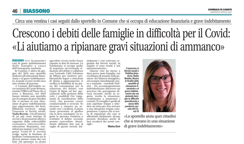 Crescono i debiti delle famiglie per il Covid 19 – la risposta dei Comuni dell’ambito socio sanitario di Carate Brianza